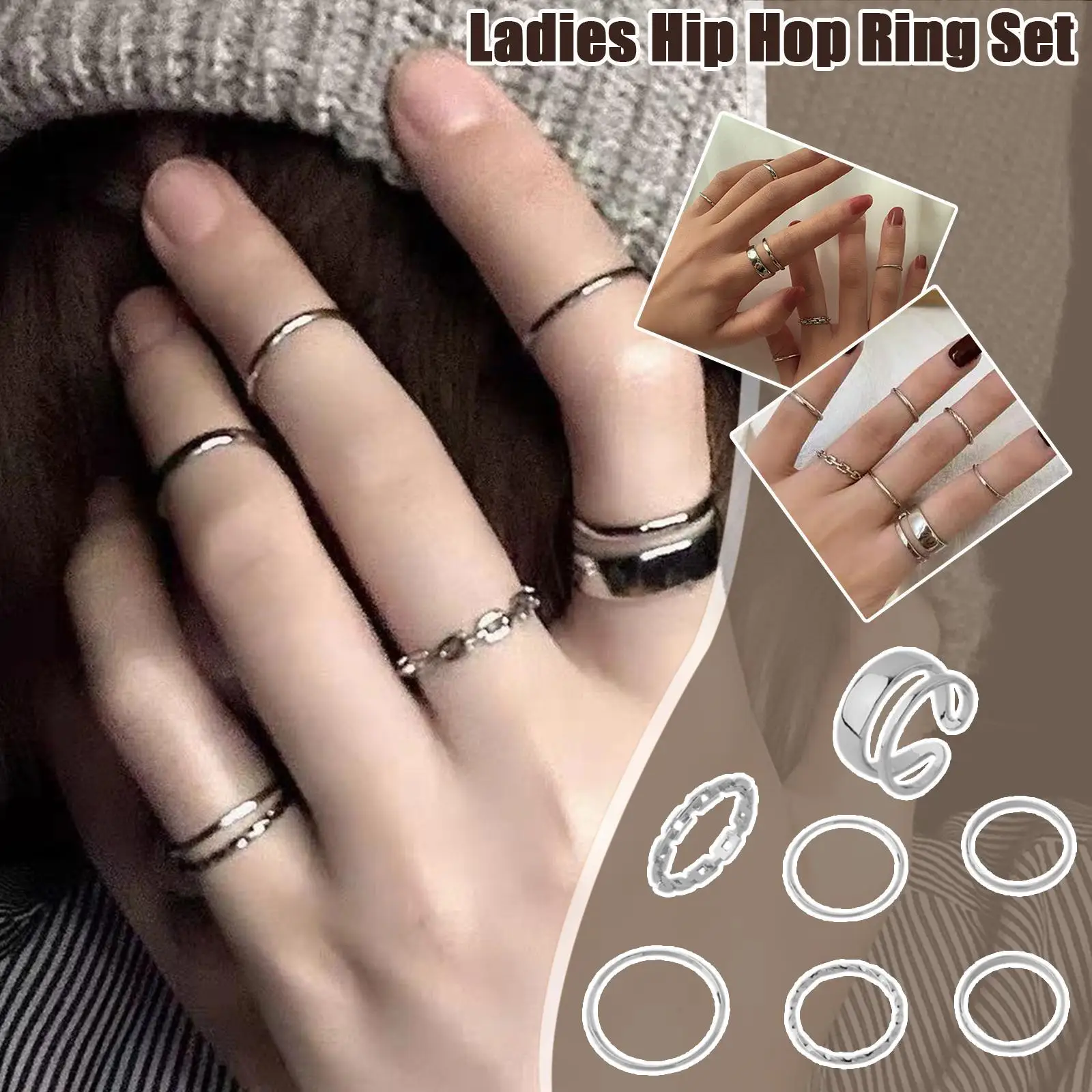7PCS/SET Korea Fashion Mixed Minimalist Set Geometric Round Metal Gold Silver Color Cuff Open Rings Jewelry For Women
