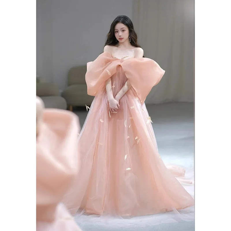 

Pink Off Shoulder Wedding Dresses Butterfly Knot Morning Robe Birthday Bride-to-be Ceremony Dress Elegant Evening Gown Vestidos