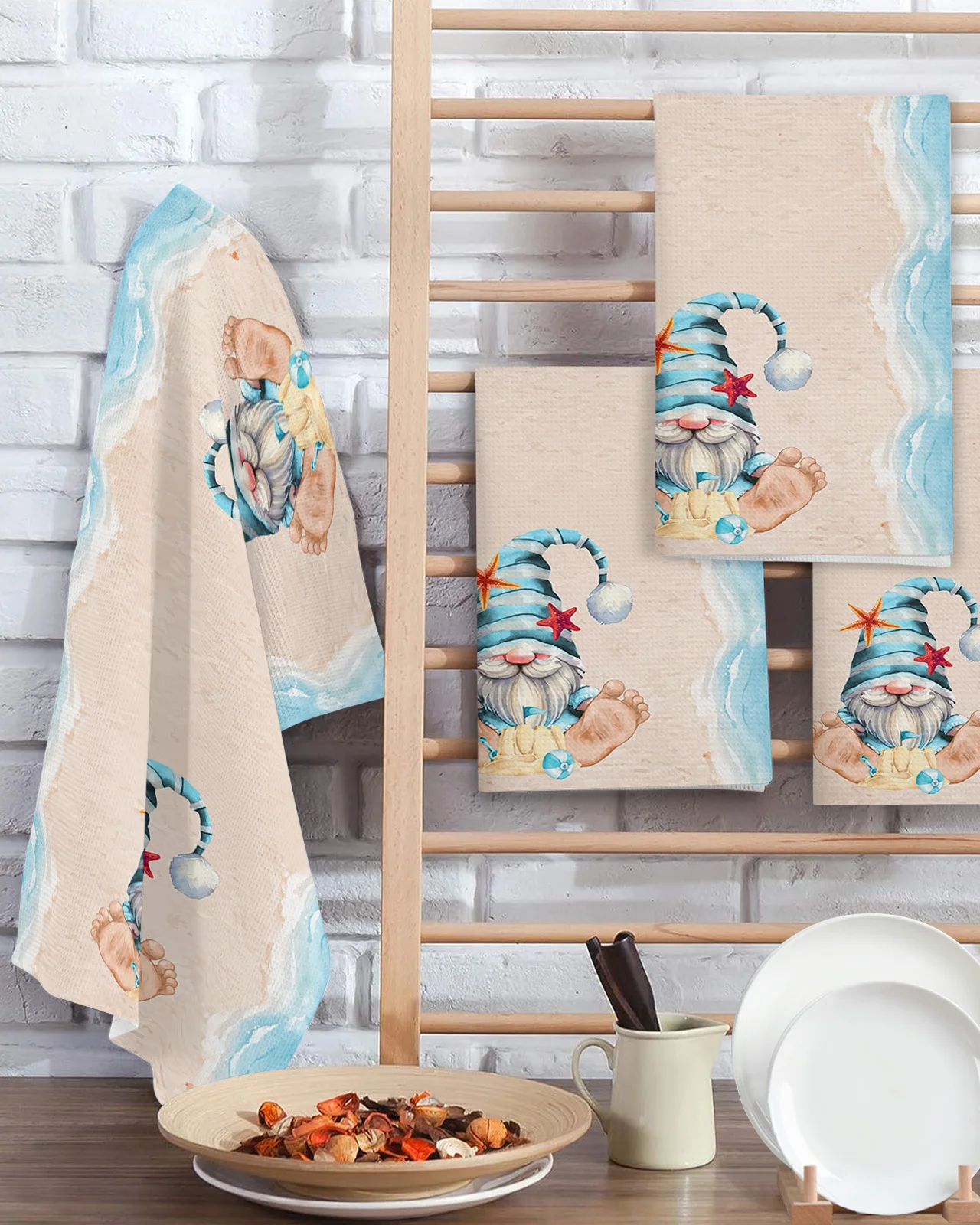 Dwarf Summer Beach Starfish Checkered Blue Kitchen Microfiber Waffle Towel Household Wipes Rags Dish Cloth Insulation Pad