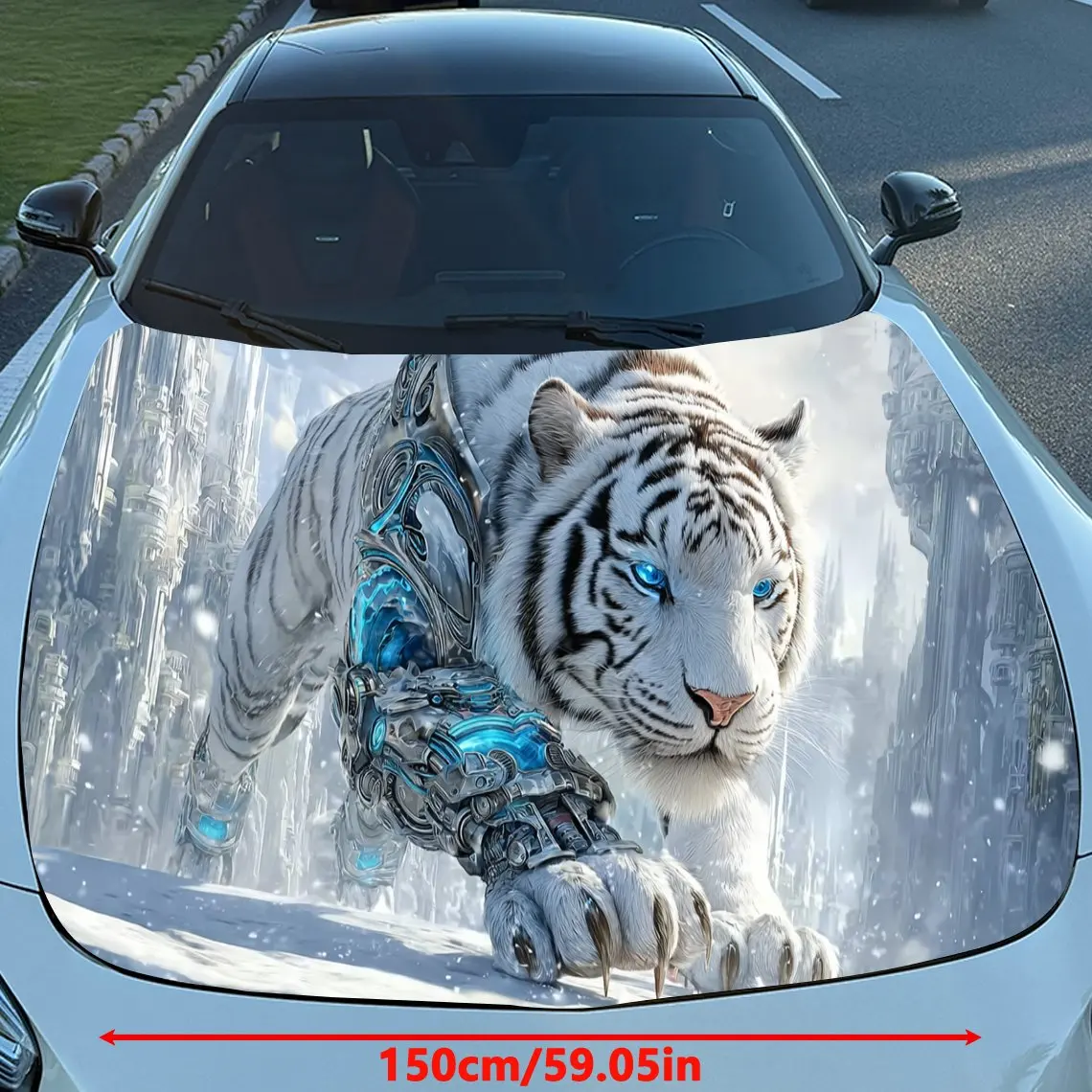 Cyber Style Icy Mechanic White Tiger Car Vinyl Wrap, PVC Material Waterproof Car Hood Sticker, Self-Adhesive Scratch-Resistant S