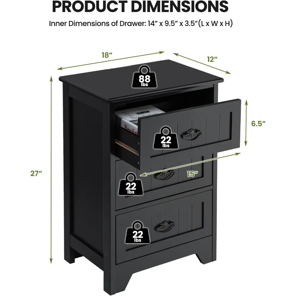 منضدة مع 3 أدراج، طاولة بجانب السرير بمقابض معدنية رائعة، طاولة جانبية للأريكة مع طاولة مضادة للانزلاق D