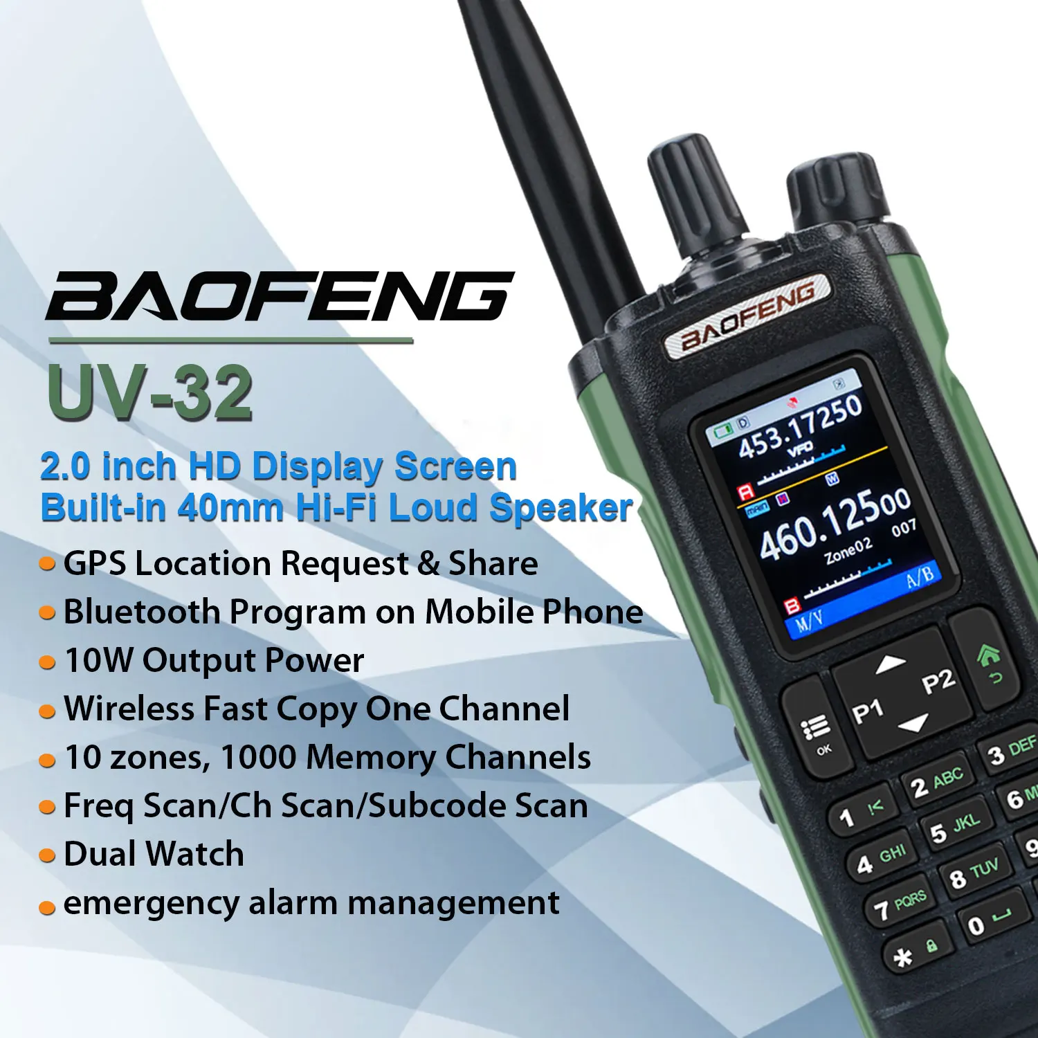 Baofeng UV-32 Multi-band 10W GPS Bluetooth Program Air Band FM Walkie Talkie 2.0” HD Display 2200mAh USB-C Charging Battery