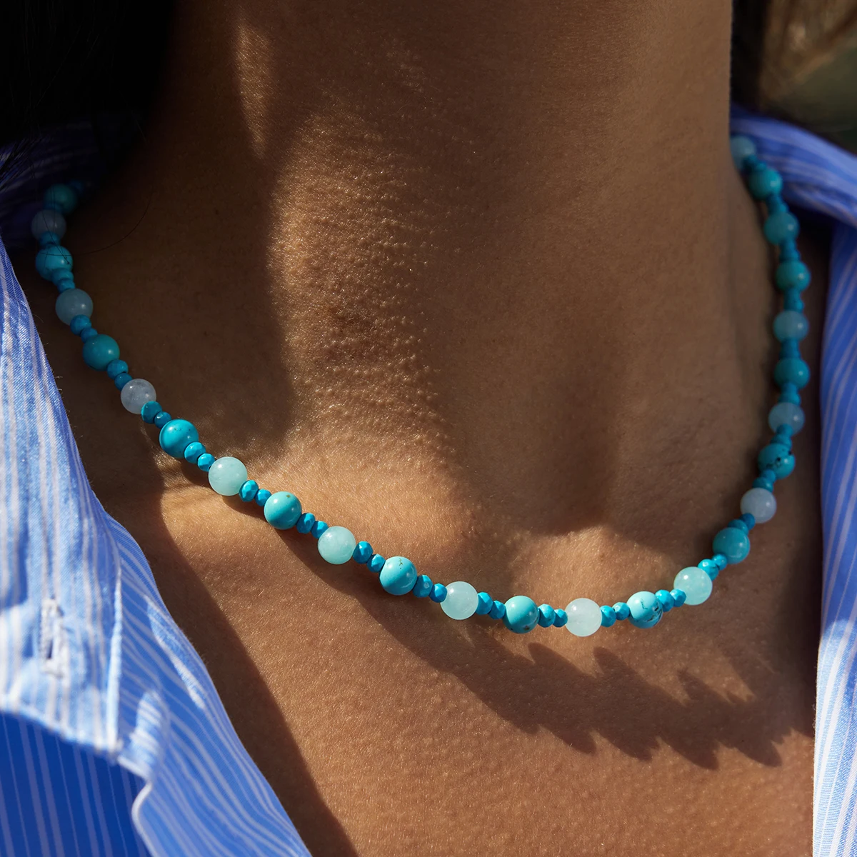 

AIKOER Fashionable Elegant 18K Gold Color Plated Stainless Steel Turquoise Natural Stone Bead Necklace Stackable Stainless Steel