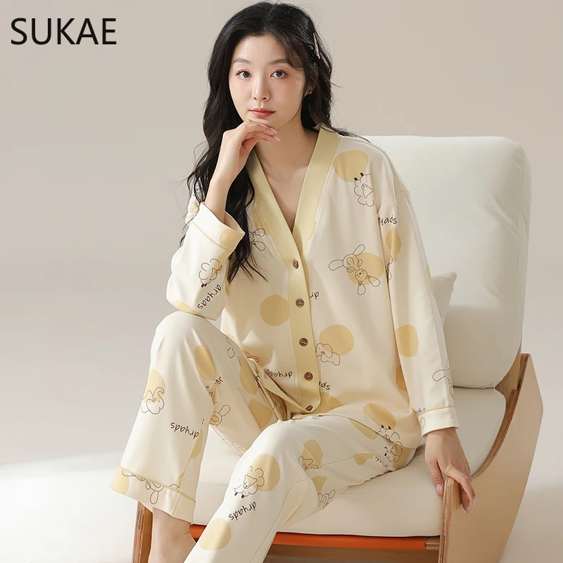 SUKAE New Spring Women Nightwear Leisure Kimono Style Lapel Sleepwear Casual Long Sleeves Pajamas Set for Women Girl Pink Pijama