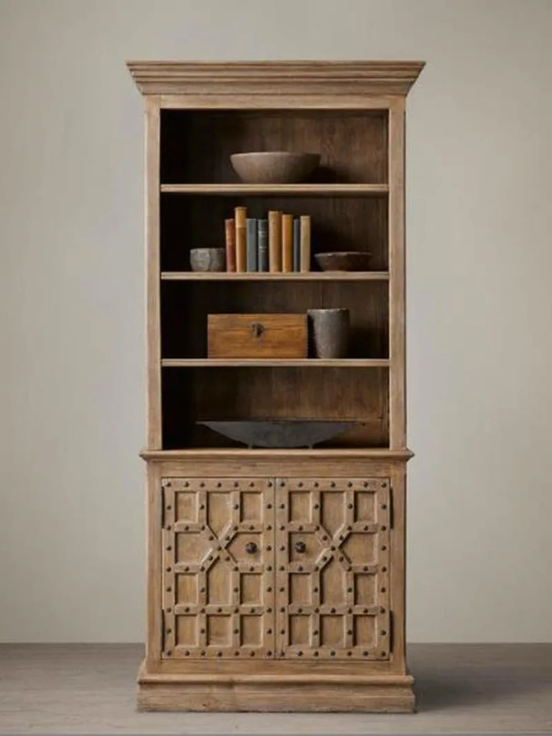 French retro solid wood oak bookcase American antique multi-layer bookshelf bookcase rivet model with door
