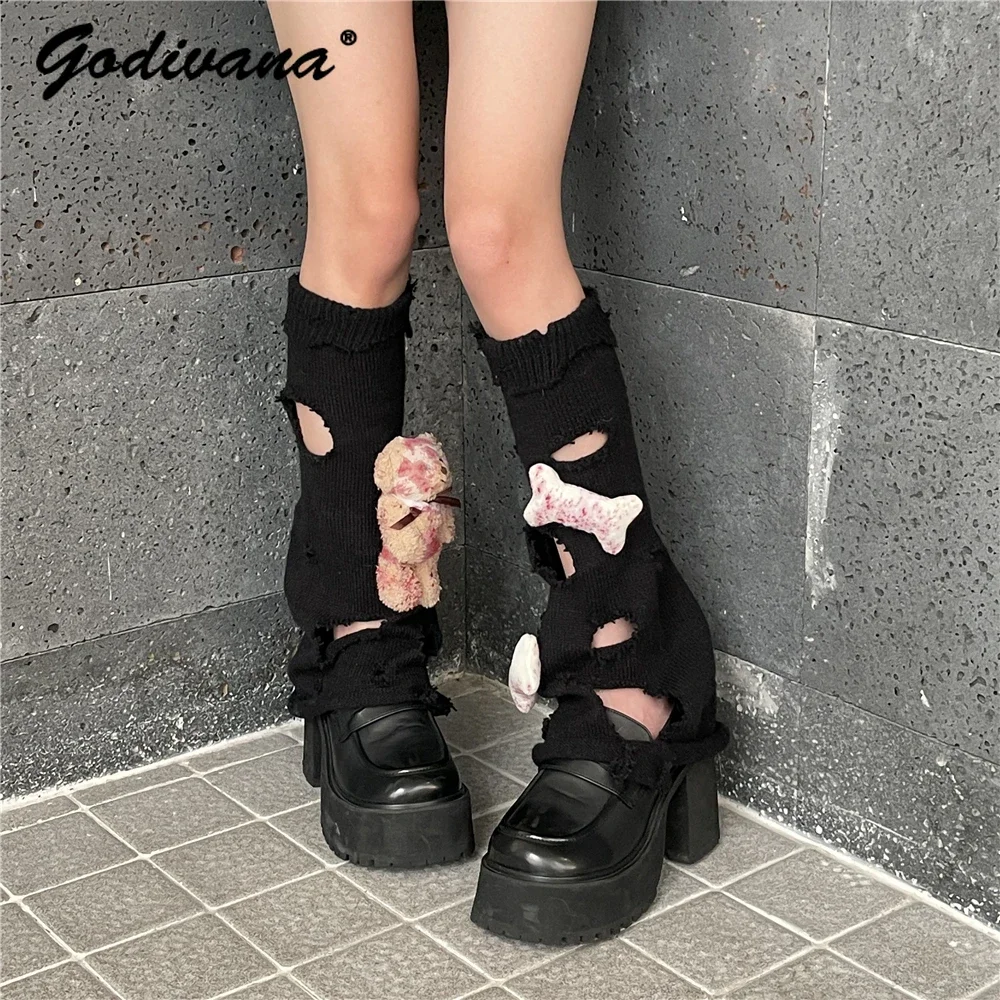 Original Trend Y2k Subculture Ripped Blood Bear Leg Cover High Street Sweet Cool Girls Knitted Leg Warmer White Black Foot Socks