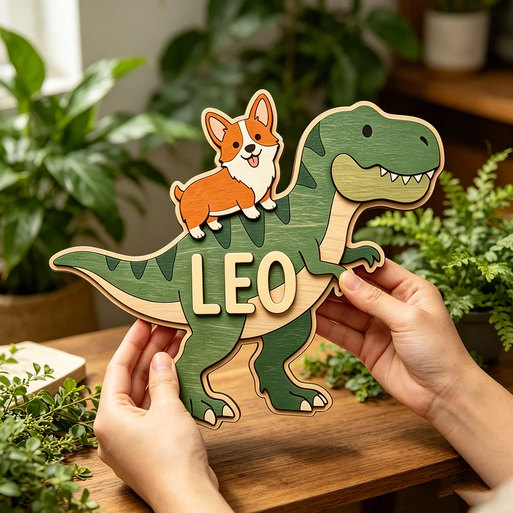 Whimsical Dog & Dinosaur Custom Name Plaque for The Dearest Baby, Unisex Corgi on T-Rex Nursery Wall Decor