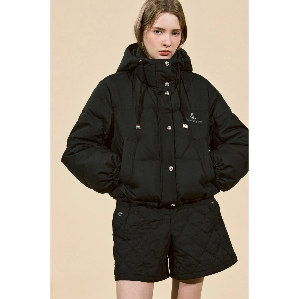 Thiened Goose down Jaet Hooded Print Commute Sle Women's Coat Regular Length Sve Pure Color Korean Version QPP Brand