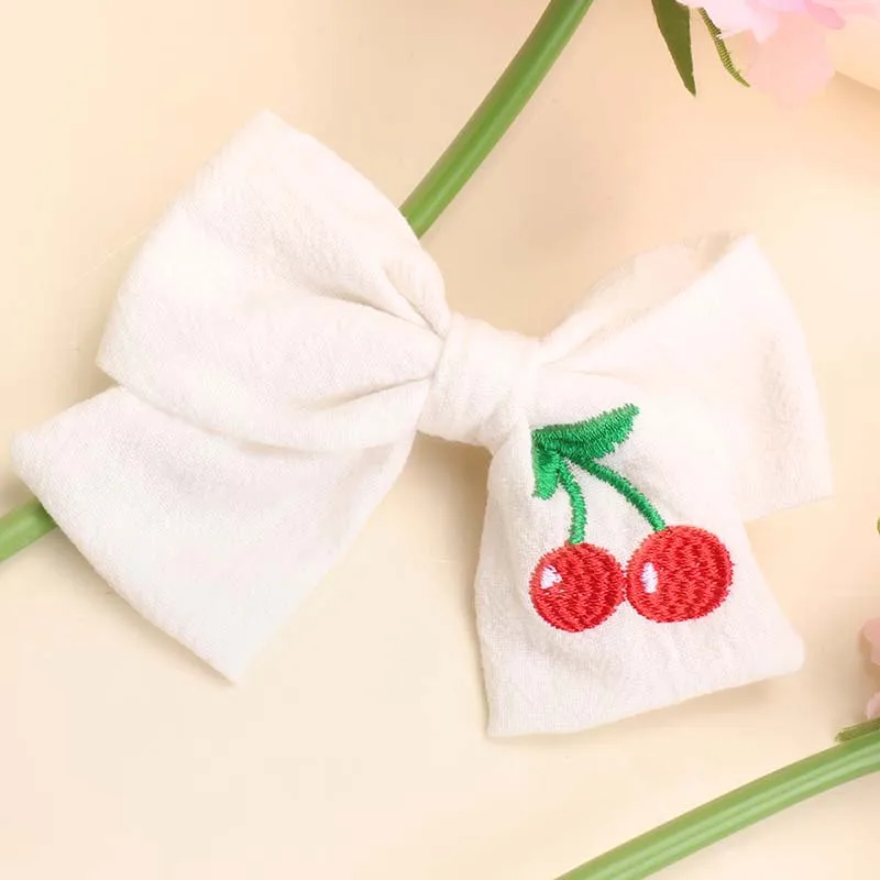 ncmama Cherry Embroidered Hair Bow Clips for Kids Girls Cute Handmade Bowknote Hairpin Children Headwear Japan Hair Accessories