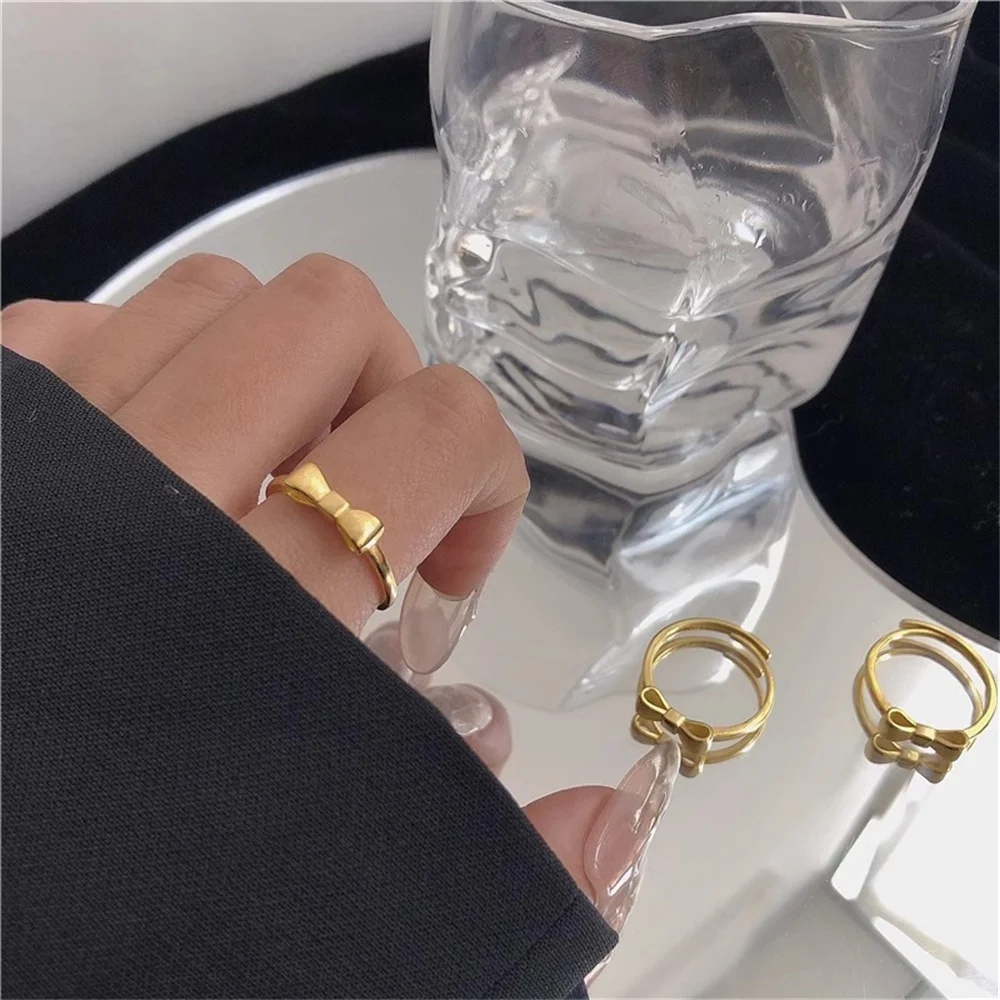 Vintage Sweet Gold Color Bowknot Adjustable Finger Rings For Women Delicate Geometry Jewelry Wedding Minimalist Accessories