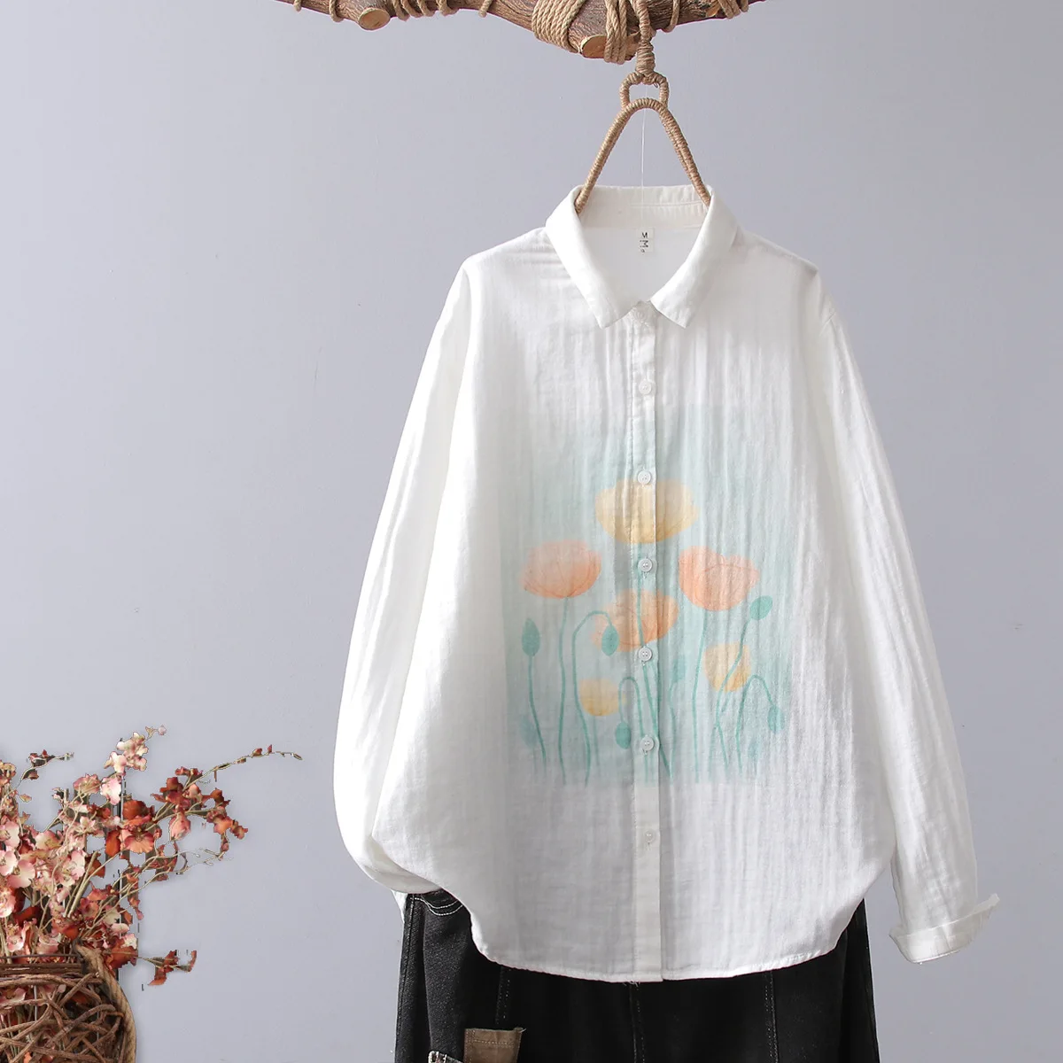 

Хлопковая пряжа, белые топы с длинным рукавом, женская рубашка, новинка 2025, Повседневная Блузка на пуговицах с цветочным рисунком, женская одежда