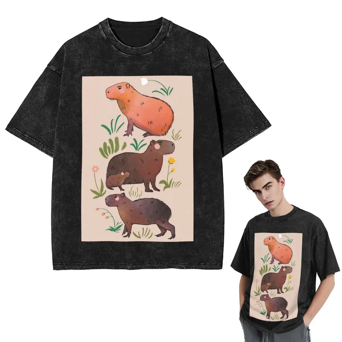 

Уличные футболки с капибарой - милая зеленая и коричневая футболка с изображением животных, футболка с короткими рукавами, топы, футболки для мужчин и женщин