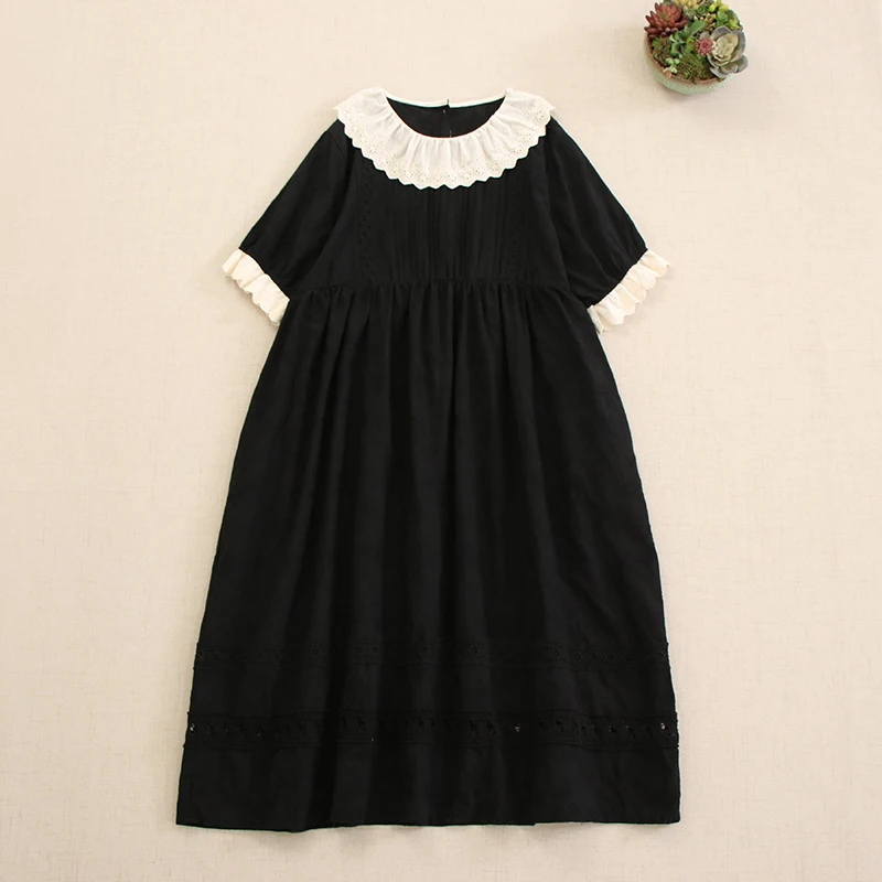 Japanese Sweet Mori Girl Embroidery Ruffle Collar Cotton Midi Dress Women Kawaii Summer Short Sleeve Casual Loose Long Dresses