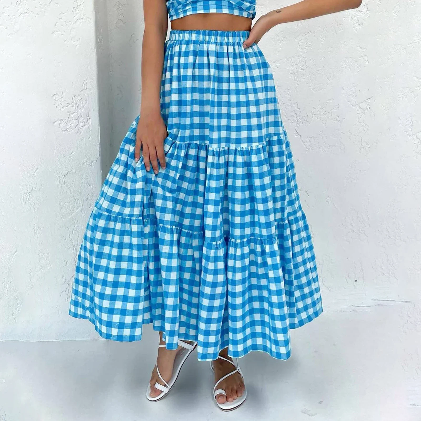 Dames Zomer Hoge Taille Rok Effen Kleur/Geruite Lange Rok Voor Reizen Strand Winkelen