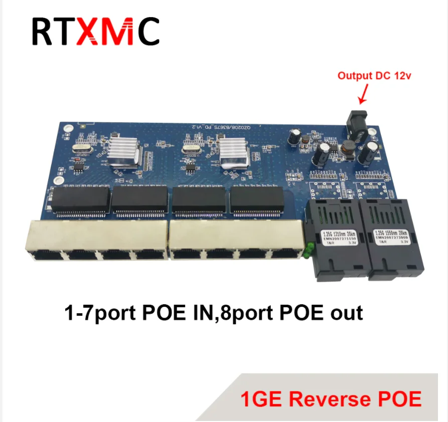 RTXMC Reverse PoE 10/100/1000 m PCBA-Platine Gigabit-Switch Ethernet-Glasfaser-Medienkonverter 2 Anschlüsse 1,25 g Sc 8 Rj45