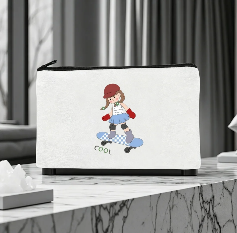 1PC Kawaii Skateboard Girl Canvas Zipper Pouch Multi-functional Storage Bag