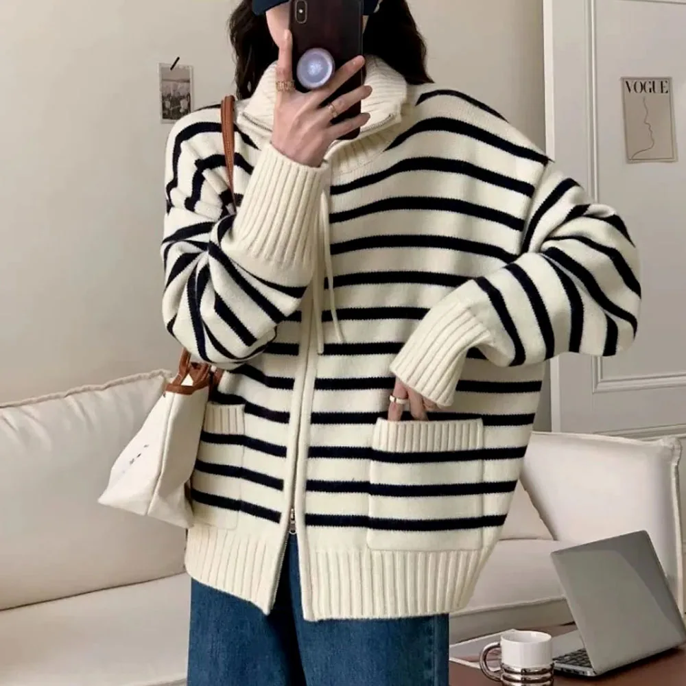 

Women's Casual Knit Sweater Knitwear Cardigan Polo Shirts Striped Jump Fleece Korean Winter Clothes Warm Zip-up Sweater Outer