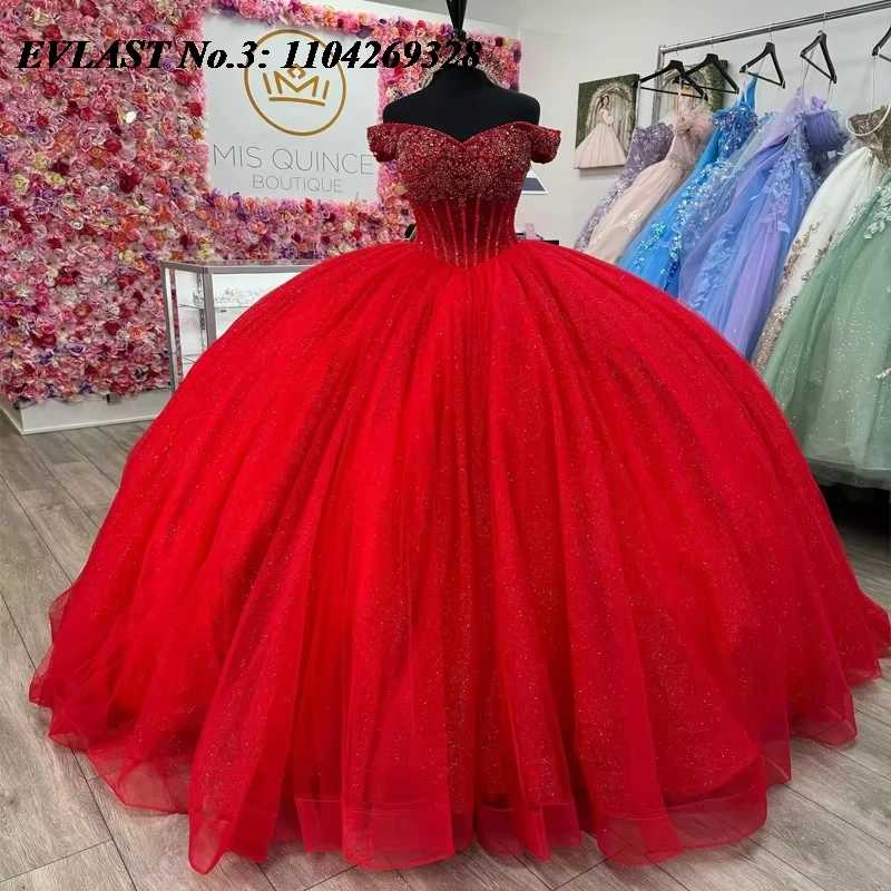 

EVLAST Customized Shiny Red Quinceanera Dress Ball Gown Applique Crystal Beaded Corset Sweet 16 Gown Vestidos 15 De XV E3Q165