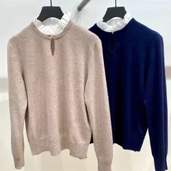 Autumn Winter Women Fake Two Pieces Sweater Contrast Color Ruffled Collar Long Sleeve Casual Knitted Pullover