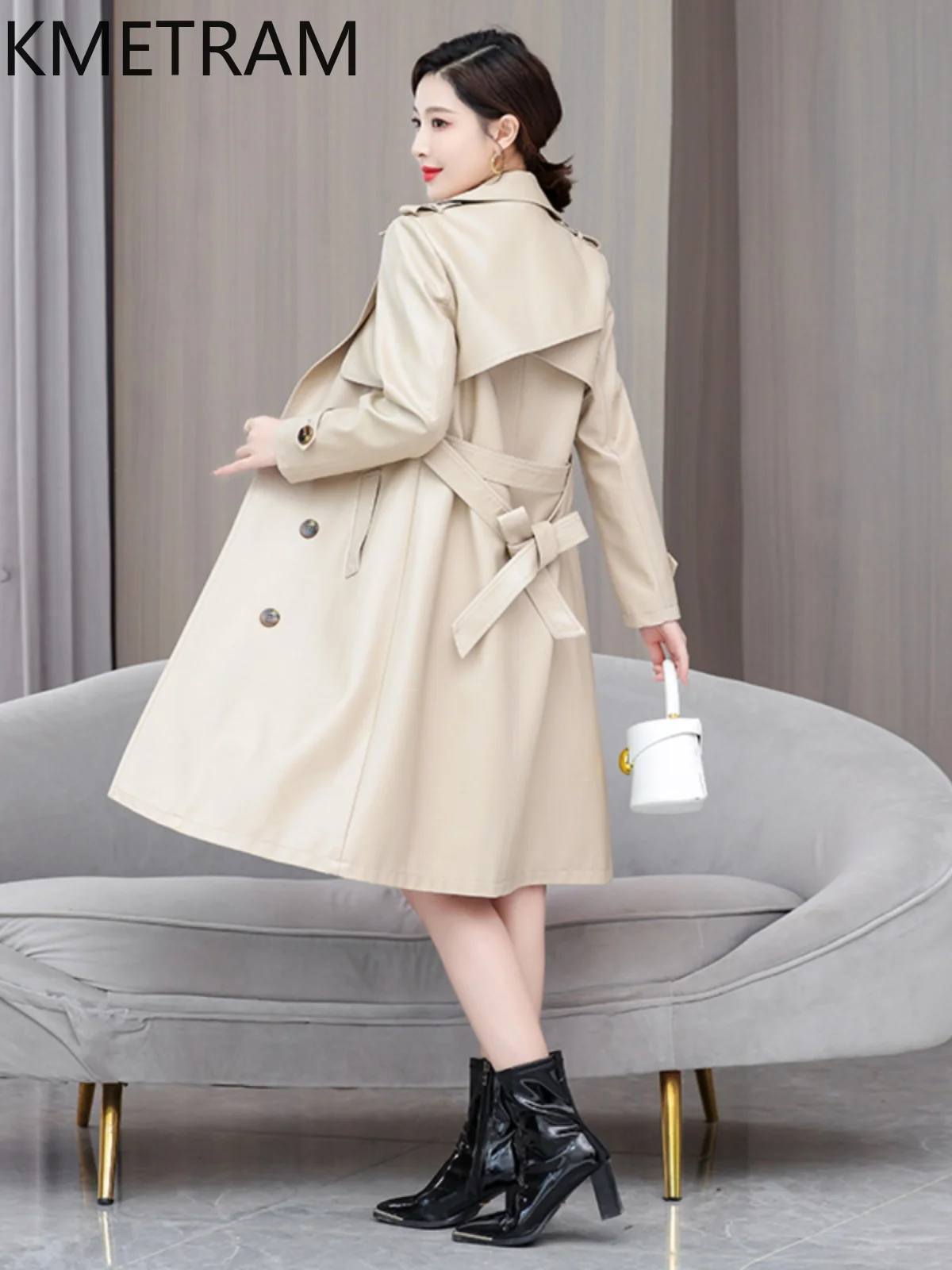 KMETRAM-Veste en cuir de mouton véritable pour femme, manteau semi-long, vêtements mi-longs, mode printemps et automne 2024