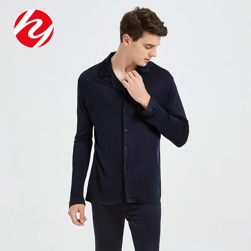 Spring lapel Real Silk pajamas set men's mulberry silk knitted Long sleeve comfortable large size casual home clothes