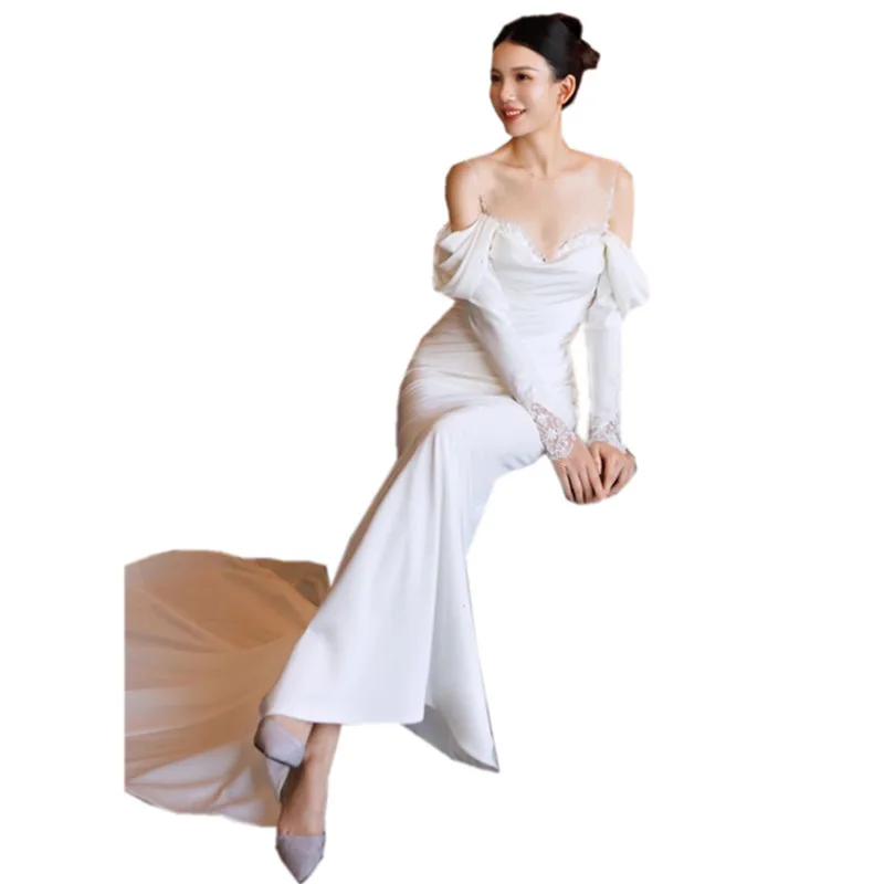 

High-end And Fashion Wedding Dresses Wedding Bride French Minimalist White Slimming Fish Tail Long Sleeve