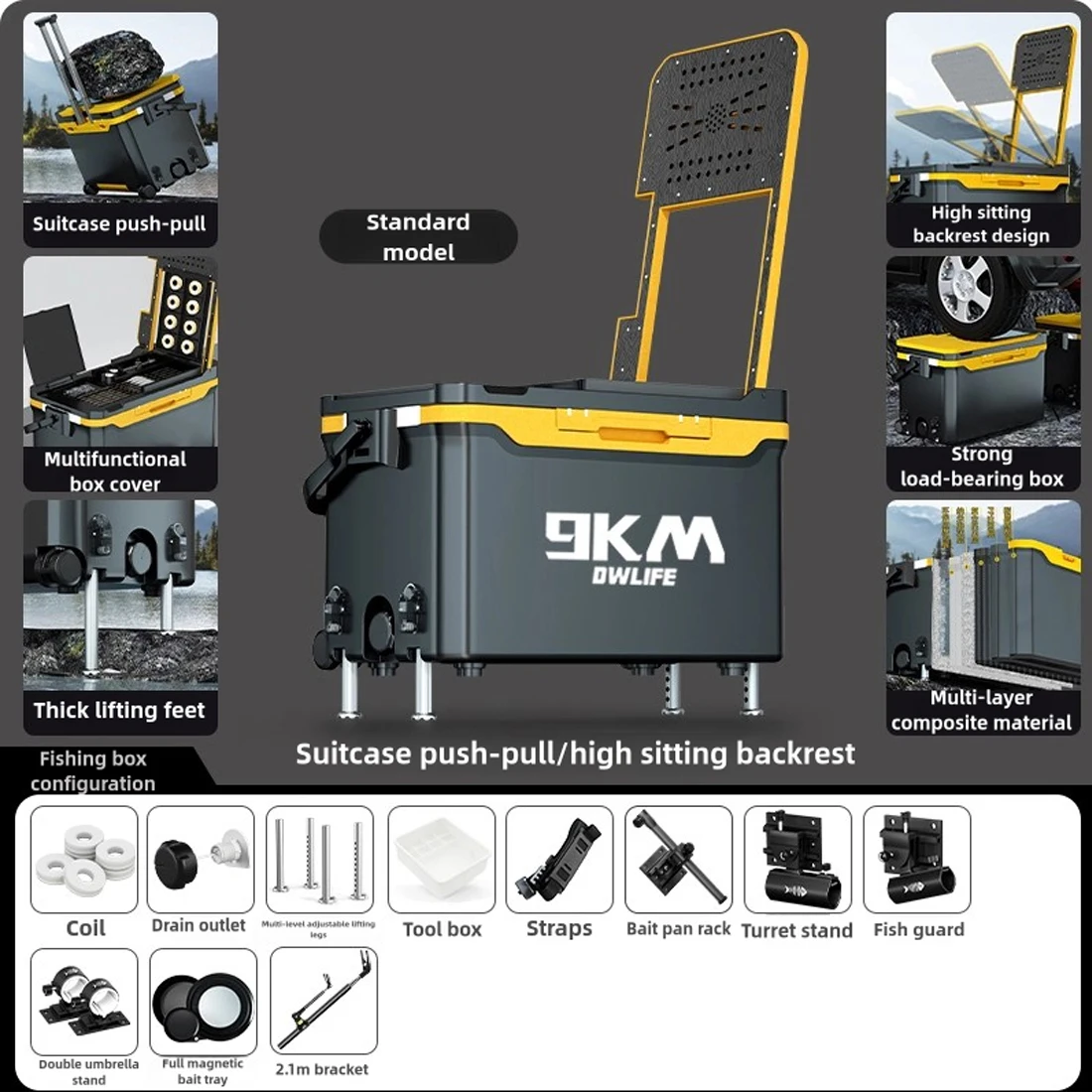 9KM 40L Multifunctional Fishing Tackle Box Fishing Bucket Storage Tackle with Liftable Legs and Wheel Fishing Storage Equipment