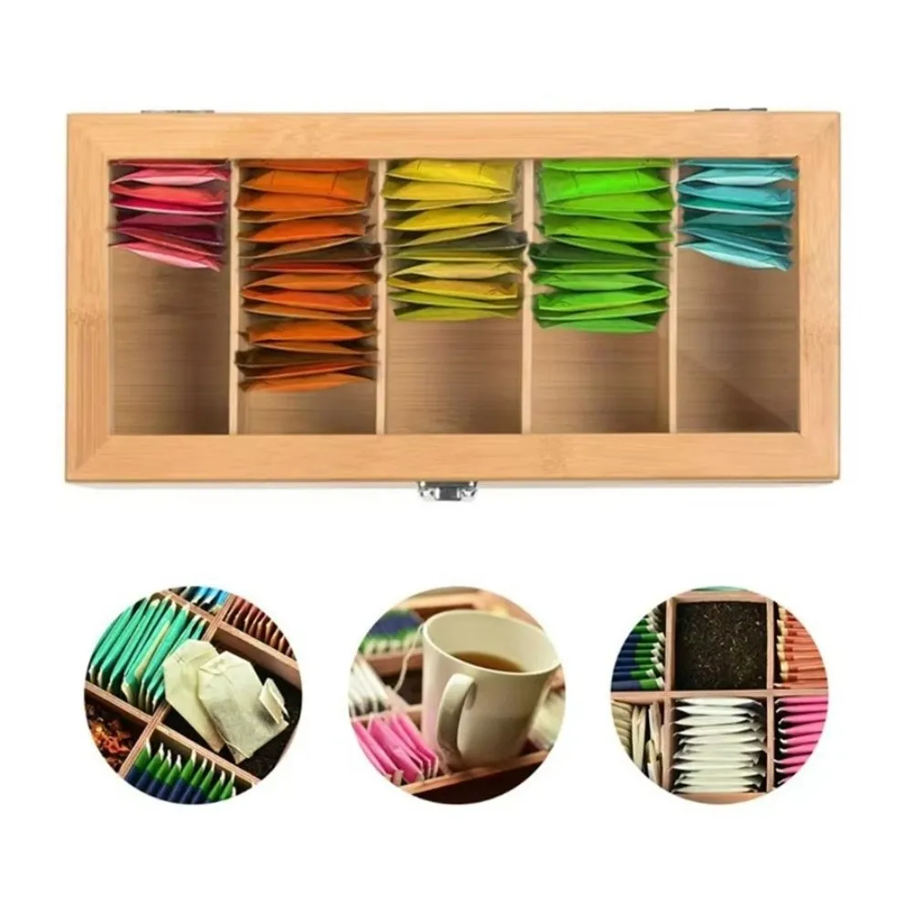 

Portable Bamboo Tea bag Storage Box Portable with 5 Compartments Tea Packet Box Multipurpose Teabag Holder Home Office Spices