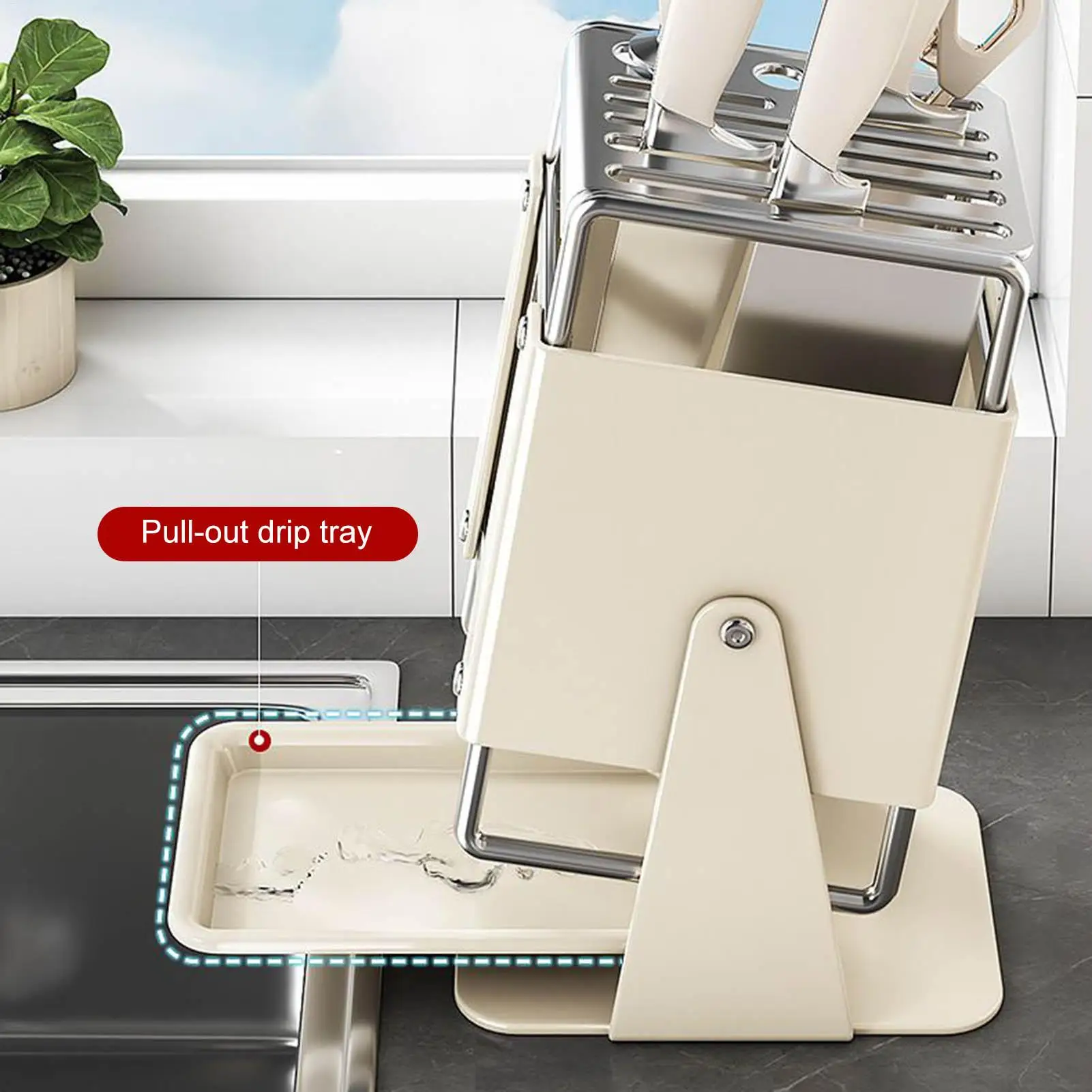 Kitchen Cutter Block 9-Slot Storage Organizer With Drain Tray 30-Degree Rotating Cutter Storage Rack For Kitchen Counter
