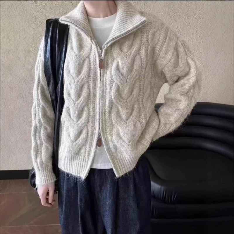 Зима 2025 года, новый ленивый стиль, жареное тесто, скручивание, дизайн, однотонный теплый свитер на молнии, пальто