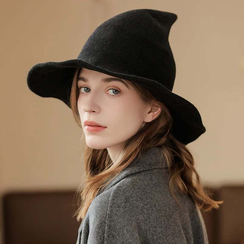 Witch Peaked Big Eaves Knitted Wizard Top Hat Female French Autumn and Winter Warm Wool Cap Large Bucket Hats for Women