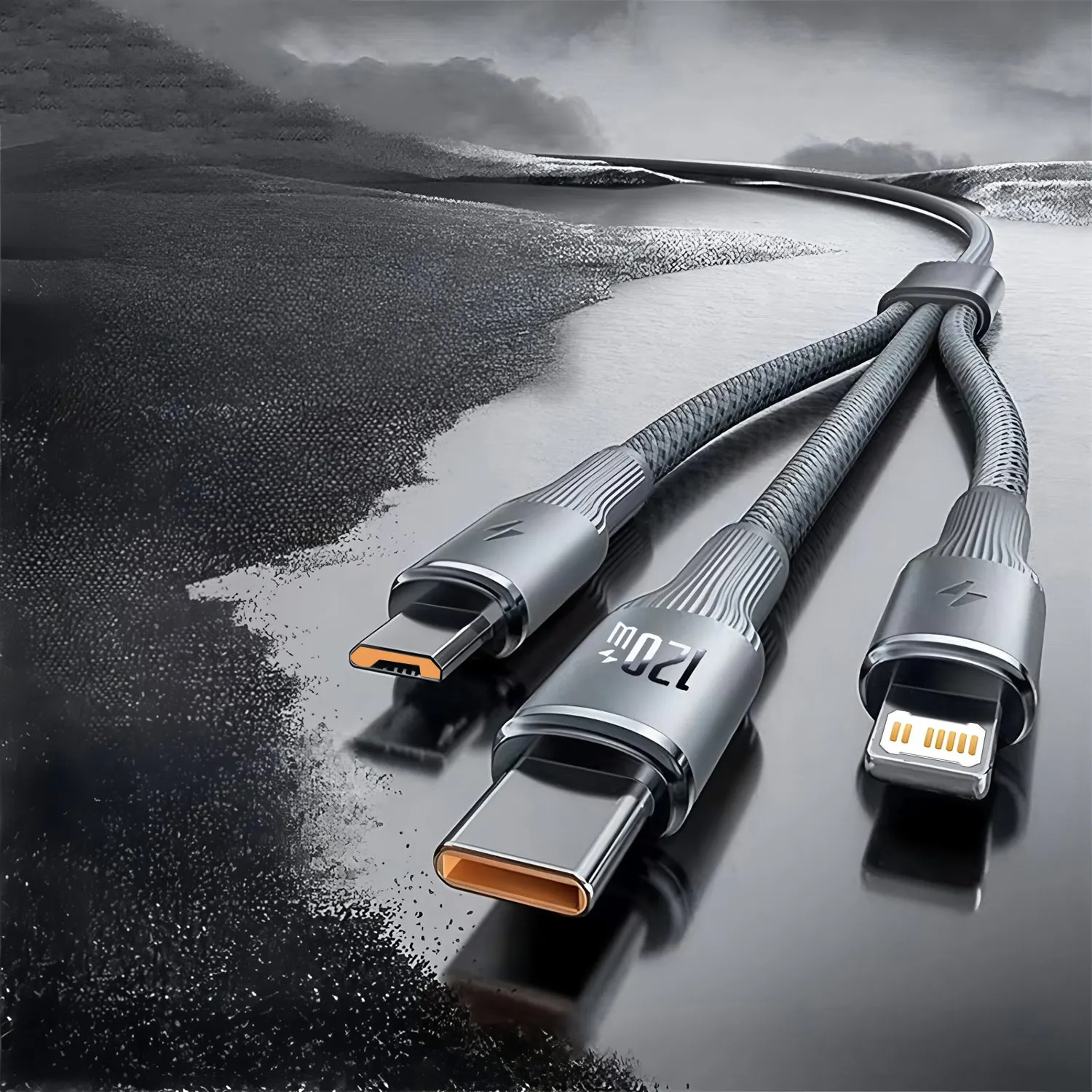 120W 3 In 1 Fast Charging Cable 3A For iPhone15 14 13 12 11 X Pro Max Micro USB Type-C Phone Charger USBC Data Cable 1.2M