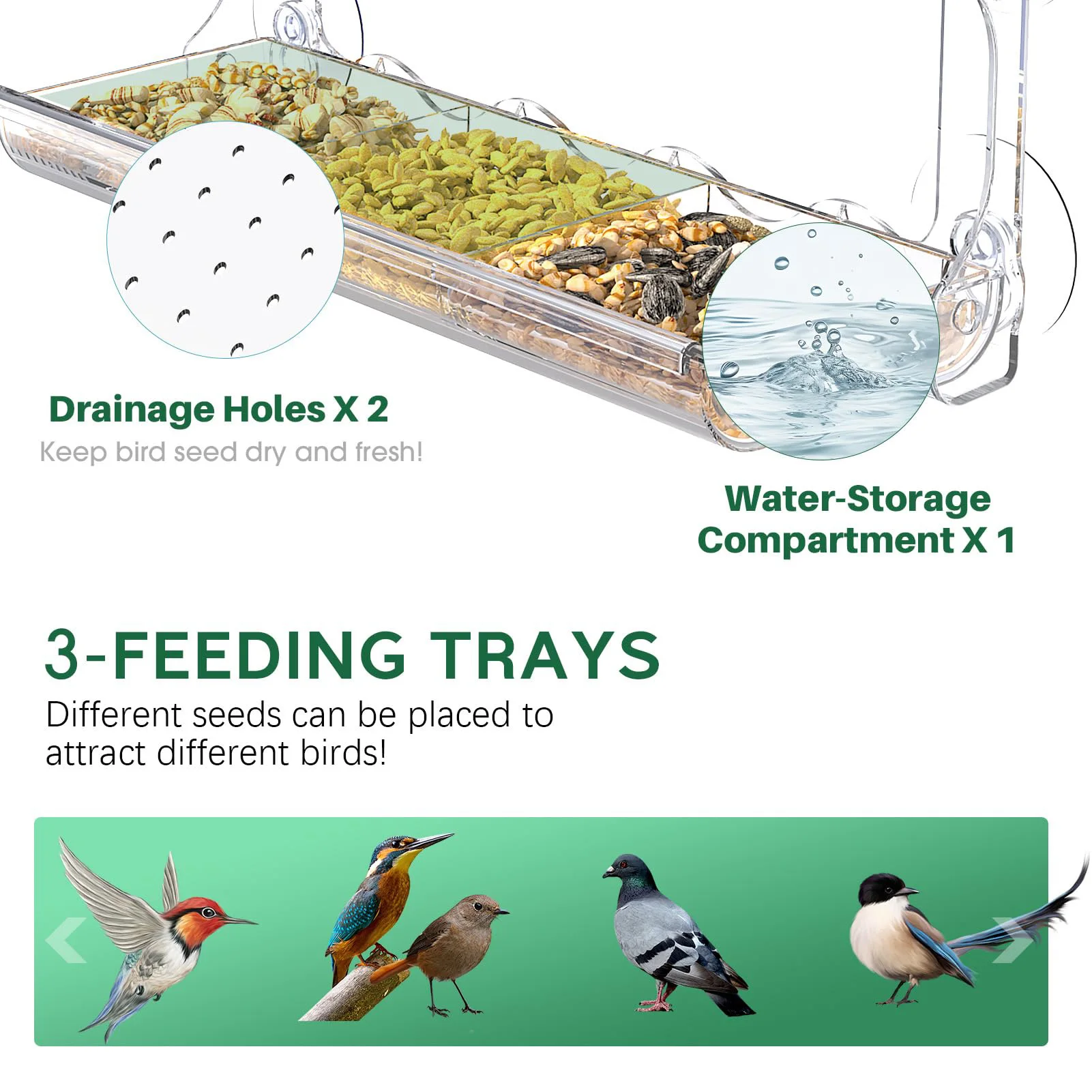 Window Wild Bird Feeder House Transparent Wild Table Removable Suction Cups Birds Food Container Feed Tray for Garden Patio Yard