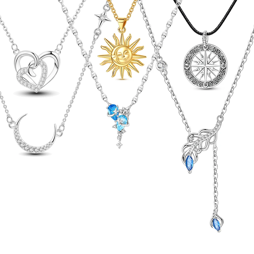 Exquisite925 Silver Feather Moon Sun Star Compass Pendant Necklace Meaningful Jewelry Party Gift