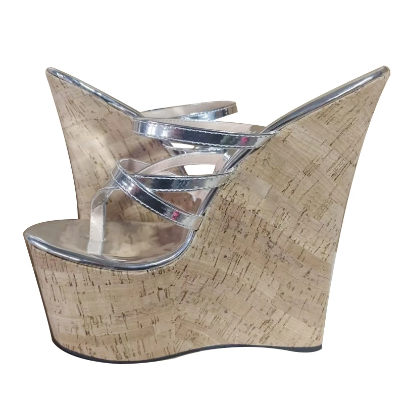 SHOFOO Fashionable women's high-heeled slippers. Flip flops. Silver/gold patent leather slippers. Wedges platform slippers.