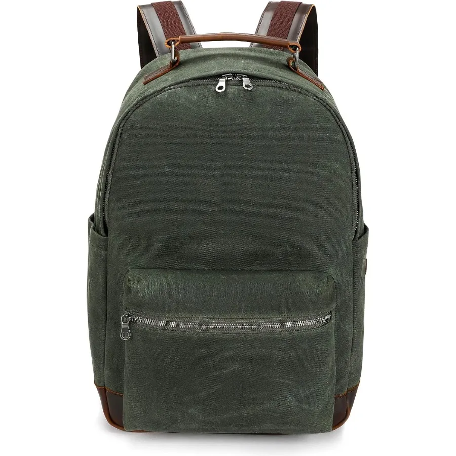 

Canvas Leather Backpack Waxed Canvas with Full-Grain Cowhide Trim Vintage Style Daypack Army Green Forest Green