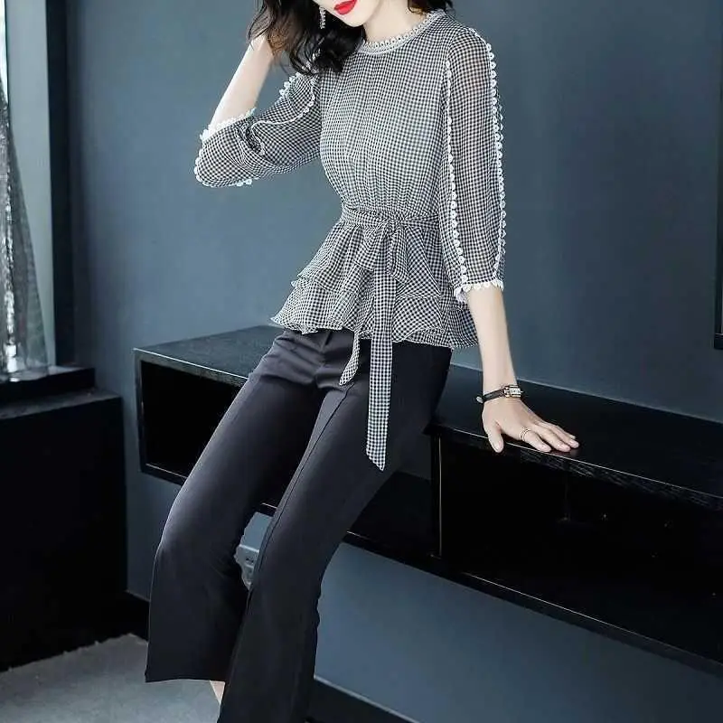 Spring Summer Ruffle Plaid Lacing Shirt Tops 3/4 Sleeve O-Neck Loose All-match Plus Size Blouse Fashion Elegant Women Clothes