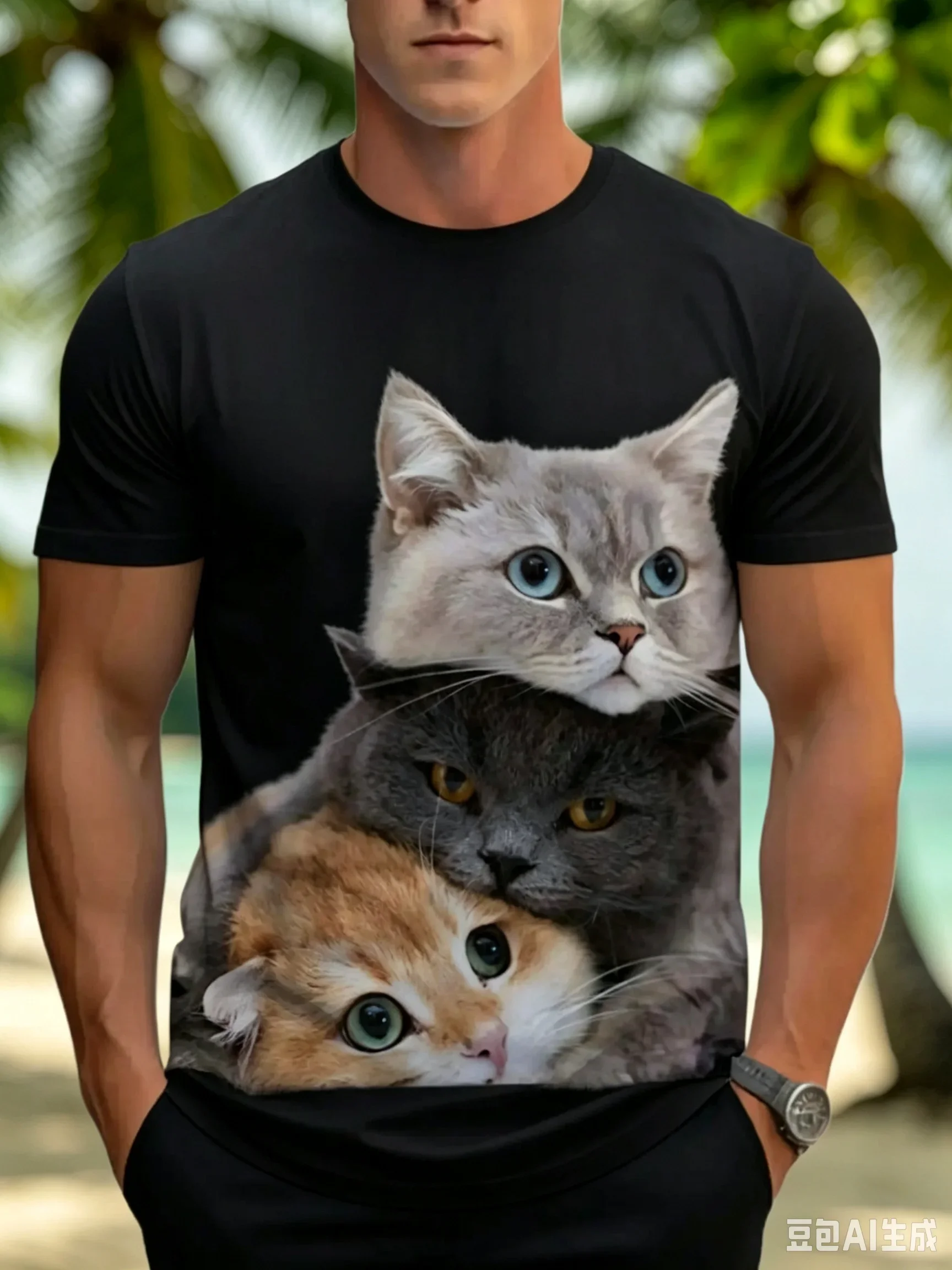 Funny Stacked Cats Graphic T‑Shirt for Men Lovely Kitten Pet Animal Print Short Sleeve Casual Streetwear Tops