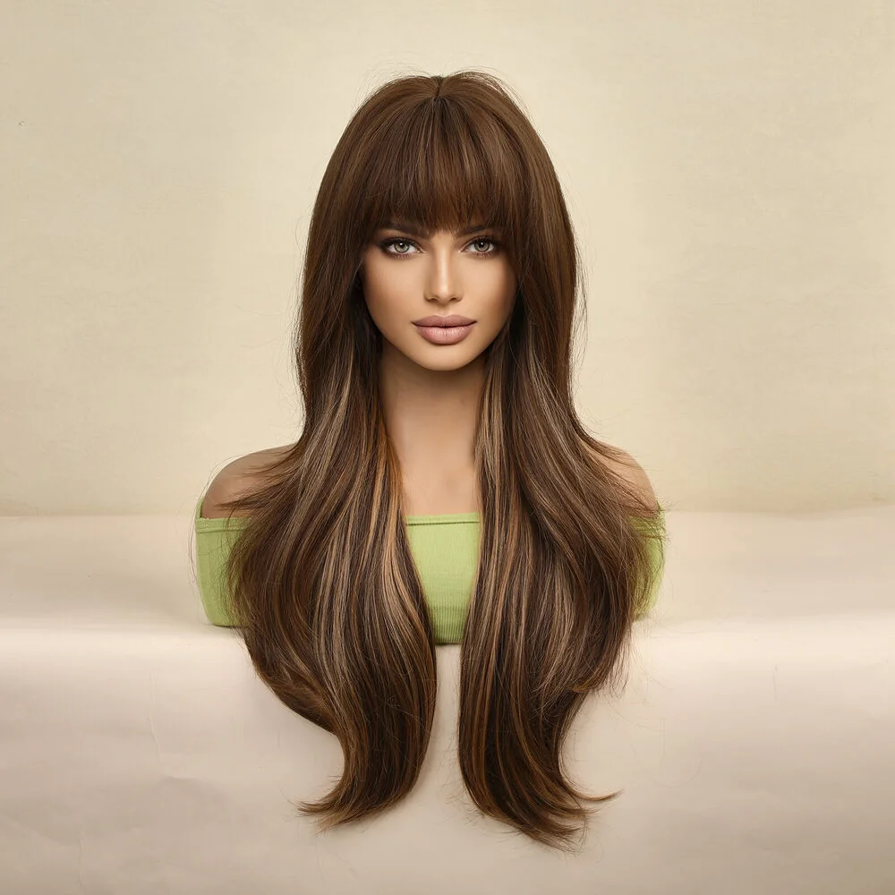 Long Hair Wig with Bangs Chocolate brown with Highlights Heat Resistant Wavy Wigs