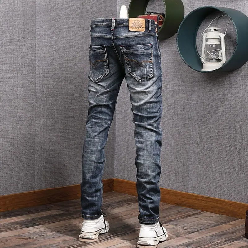 Italian Style Fashion Men Jeans High Quality Retro Black Blue Elastic Slim Fit Ripped Jeans Men Vintage Designer Denim Pants