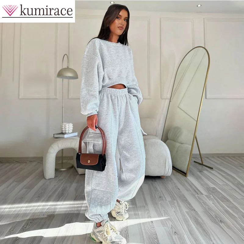 

European and American Women's Autumn and Winter New Round Neck High Waist Sweater Pocket Loose Pants Two Piece Set Pant Sets