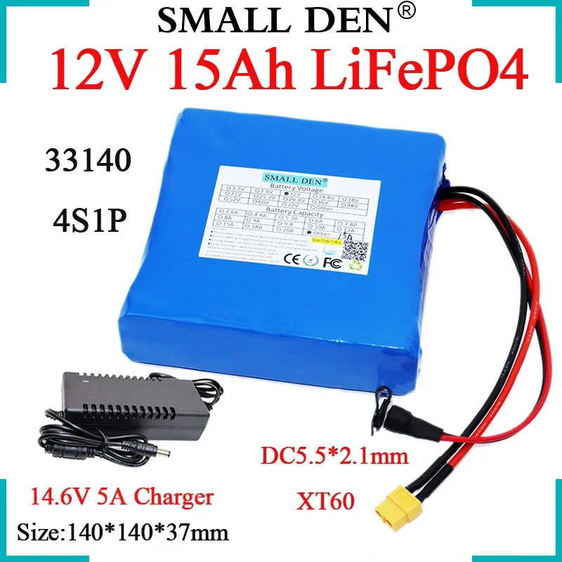 

New 12.8V 15Ah 33140 Lifepo4 Battery Pack 4S1P With 30A BMS For Electric Boat Spray Toys UPS 12V Outdoor Power Supply+5A Charger