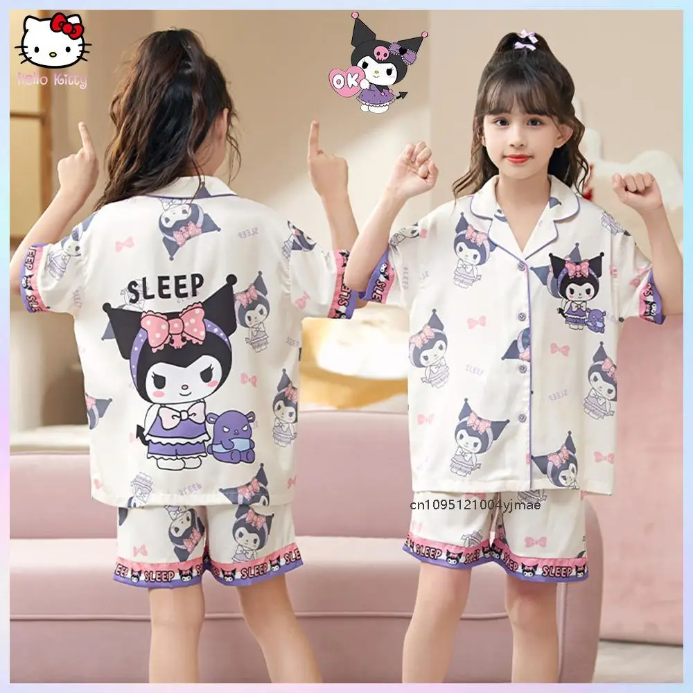

2Pcs Kuromi Cinnamoroll Children Pajama Sets Cartoon Anime Sanrio Summer Kawaii Ice Silk Lapel Short Sleeve T-Shirt Tops Shorts