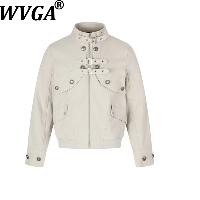 WVGA Spring Autumn New Men High Street Functional Metal Buckle Stand Up Collar Short Jackets Niche Casual Dual Belt Coats W26909