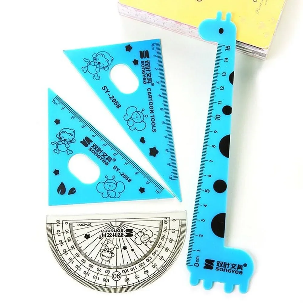 4pcs Student Ruler 1 Set Cute Cartoon Giraffe Animal Students' Ruler Meter Triangle Ruler