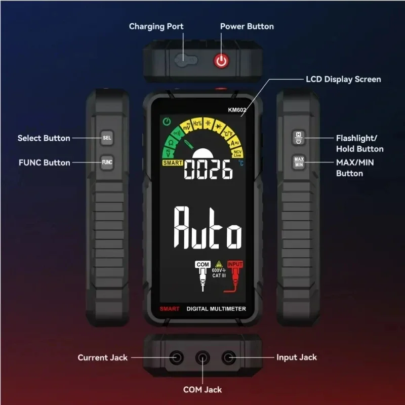 Cyfrowy profesjonalny multimetr KM602 z funkcją automatycznego zakresu 6000 zliczeń, łatwy do odczytania