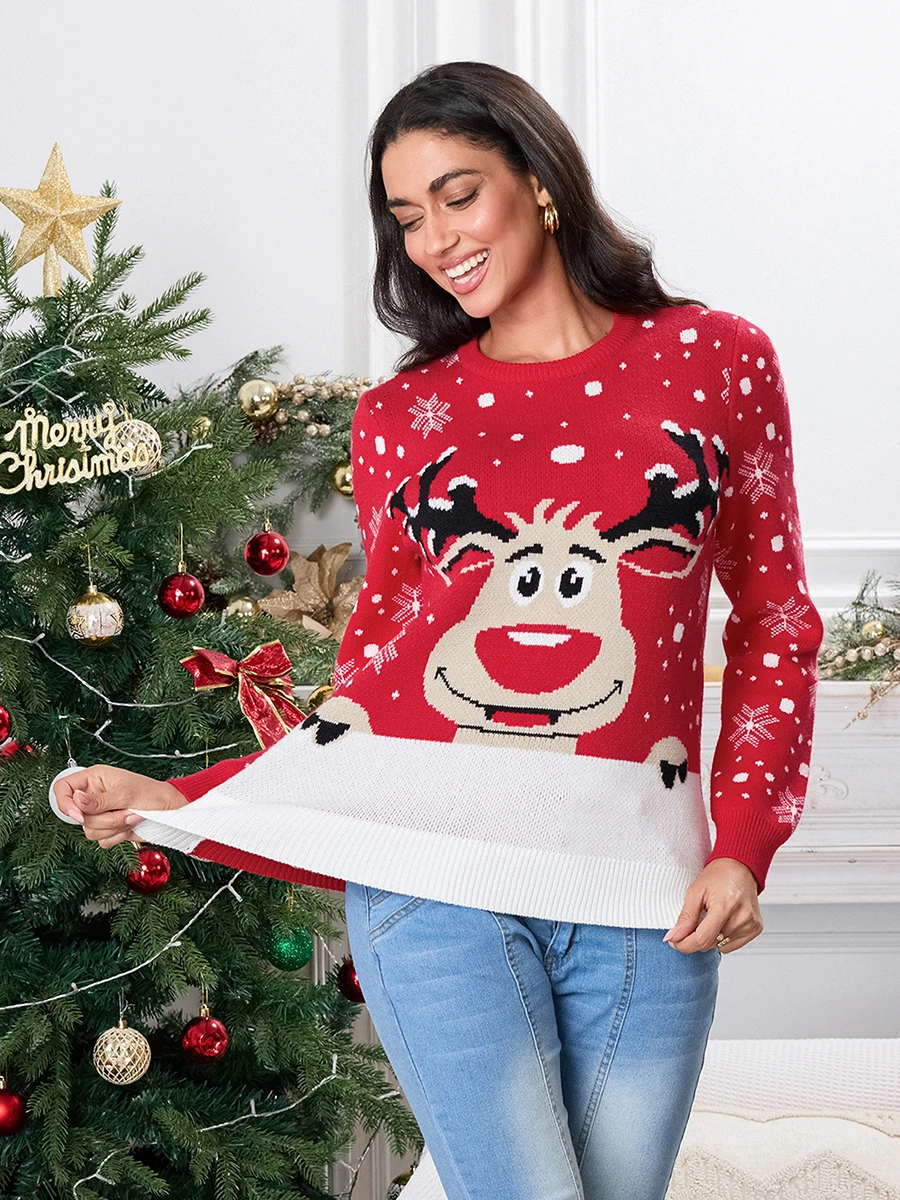 Family Matching Christmas Sweater Knitted Loose Reindeer Print Crew Neck Long Sleeve Pullover Tops Fall Winter Warm Knitwear