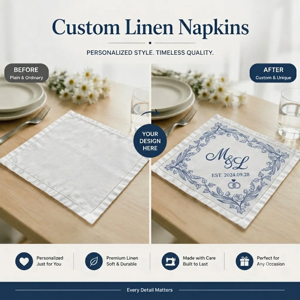 Natural Pure Linen Custom Napkins Personalized Monogram Cloth Napkins Luxury Wedding Banquet Decor Premium Family Tableware