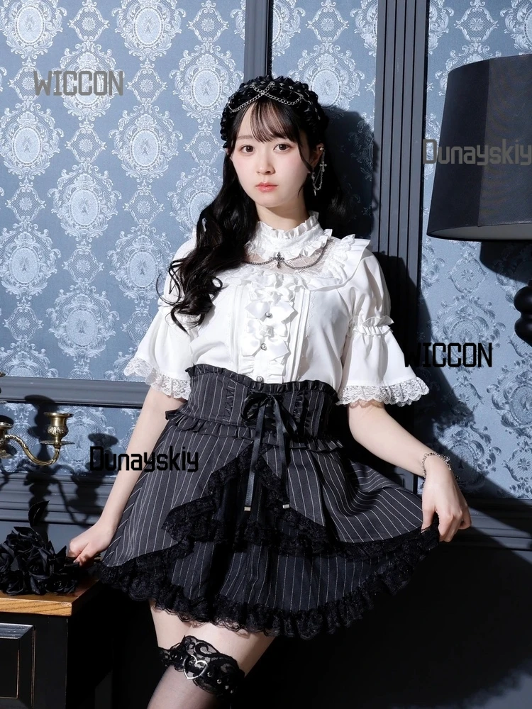 Jirai Kei Mass Production Темная готическая роза Бабочка Крест Дворец Рубашка с короткими рукавами Косплей Костюмы Хэллоуин Ежедневно Cos