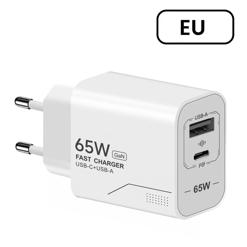 65W GaN USB-C-Ladegerät, 2-Port-Schnellladegerät, Netzteil für iPhone, Samsung, Xiaomi, Typ-C, EU/US-Stecker, Wandladegerät